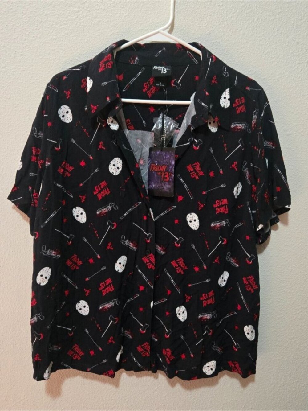 NWT Hot Topic Friday the 13th Jason Voorhees Tie-Front Crop Blouse Shirt